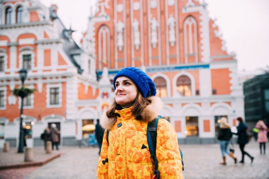 Woman in Riga, Latvia with winter clothes on