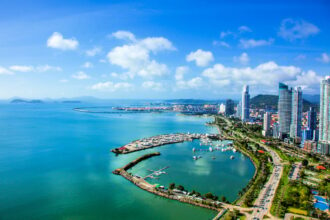 Aerial View from Panama City in Panama.View to Casco Viejo and Panama Canal