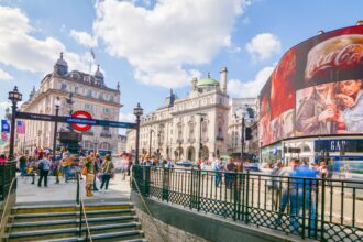 LONDON, Wide angle view of Piccadilly Circus- a famous London landmark in London’s West End