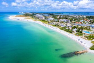 Lido Key Beach St Armands Circle Sarasota Florida Aerial Picture on Sunny Day with Calm Blue Water