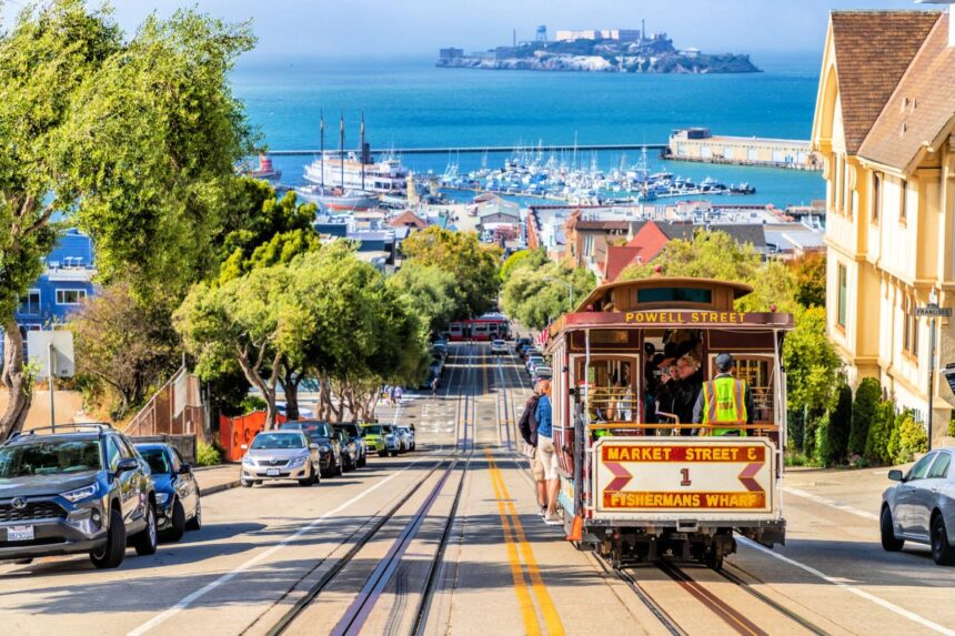 View of tram on street in San Francisco