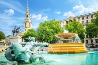 View of the statues in Trafalgar Square, London