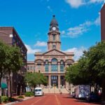 Historic building and red brick roads in Fort Worth