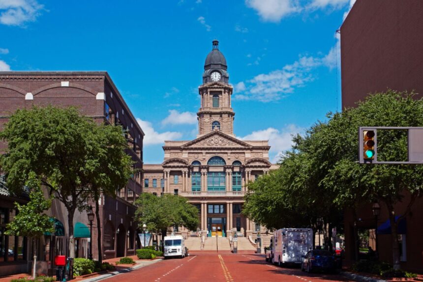 Historic building and red brick roads in Fort Worth