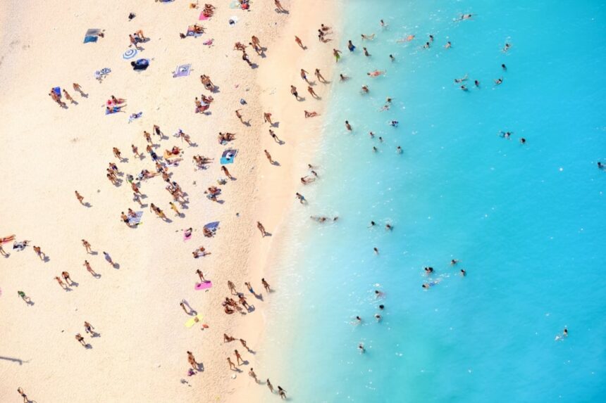 Aerial view of tourists on a beach in Greece