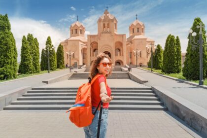 Female tourist visiting Saint Gregory The Illuminator Cathedral in Armenia