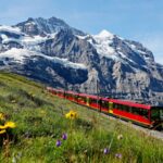 Tourist train passing by mountains in Europe