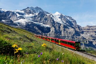 Tourist train passing by mountains in Europe