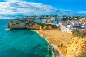 Panoramic View Of Carvoeiro, Bounded By The Atlantic Sea, The Algarve, Southern Portugal, Southern Europe