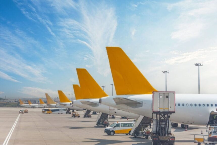 Row of passenger plane tails on the runway