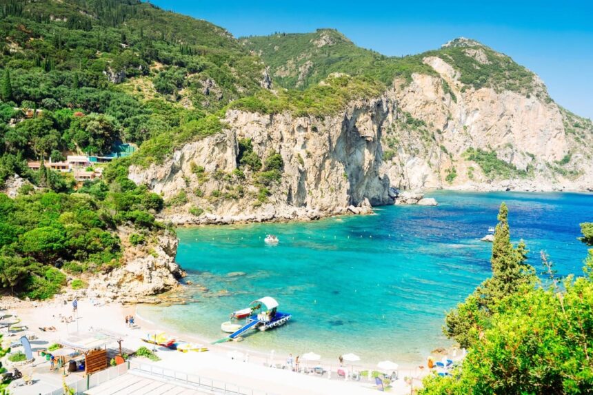 View Of A Scenic White Sand Beach In Corfu, Greece, Ionian Sea Of The Mediterranean, Southern Europe