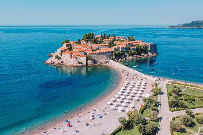 Aerial View Of The Sveti Stefan Resort, Budva, Montenegro, Southern Europe