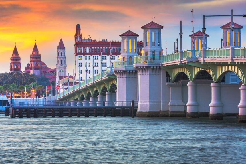 St. Augustine skyline and Bridge of Lions at dusk.jpg