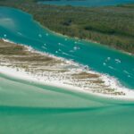 Aerial view of turquoise waters and white sand - Keewaydin Island