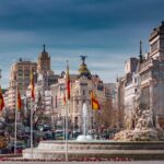 Calle de Alcala, Madrid. Historical buildings, palaces, hotels and the cars in motion.