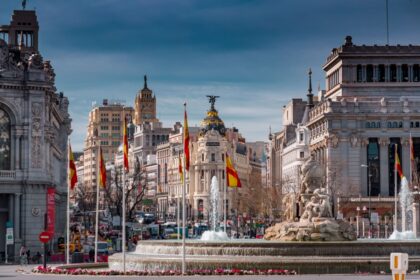 Calle de Alcala, Madrid. Historical buildings, palaces, hotels and the cars in motion.