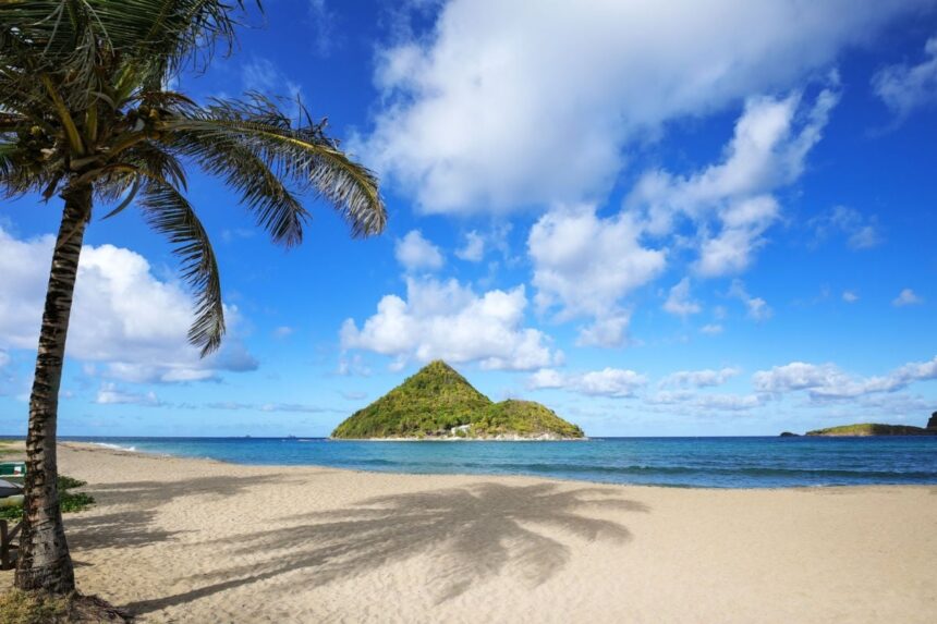 Levera Beach on Grenada Island with a view of Sugar Loaf Island, Grenada.