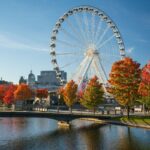 Old Port of Montreal in fall foliage season. Red maples reflection on the St. Lawrence River.