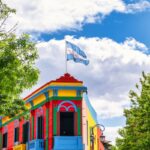 Brightly colored building with Argentina flag