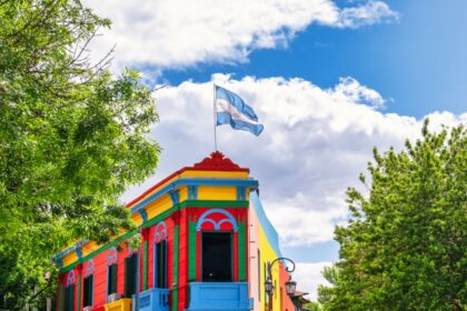 Brightly colored building with Argentina flag