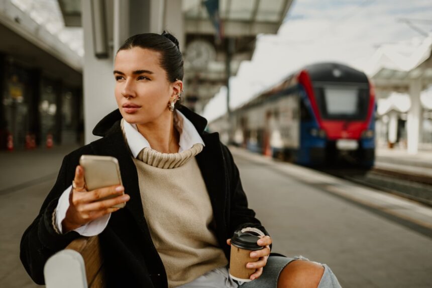 Woman with coffee waiting for train