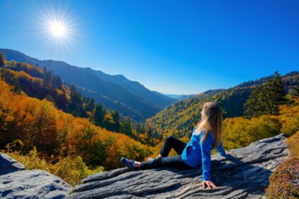 Woman taking in the views of the Smoky Mountains National Park, near Gatlinburg, Tennessee, USA