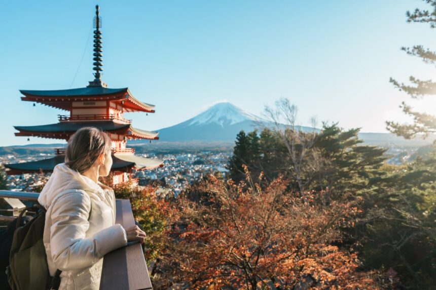 Solo tourist observing sweeping views of Tokyo in fall