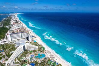 Aerial View Of The Hotel Zone In Cancun, Mexico