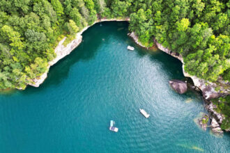 Aerial view of vivi blue waters in Summersville, WV