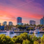 Long Beach skyline at sunset