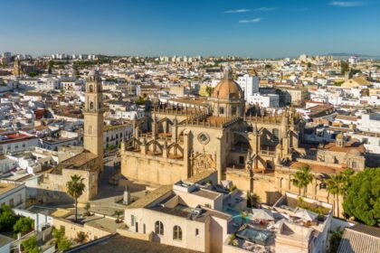 Jerez Cathedral and historic Moorish Alcazar de Jerez de la Frontera at sunset