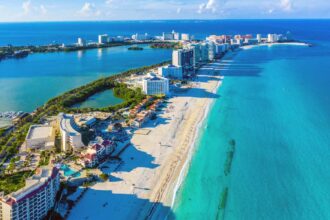 Aerial View Of The Cancun Hotel Zone, Mexico