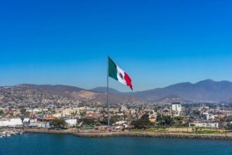 Mexico flag flying high in Ensenada, Mexico