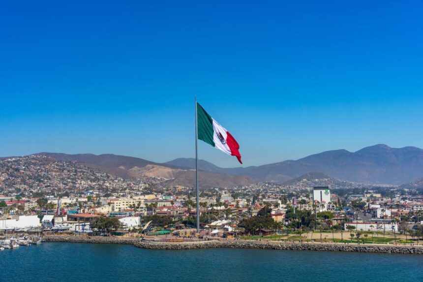 Mexico flag flying high in Ensenada, Mexico