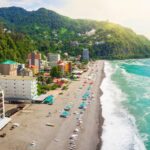 Aerial view of Georgian Black Sea beach in Sarpi