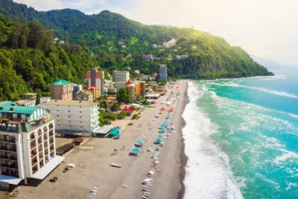 Aerial view of Georgian Black Sea beach in Sarpi