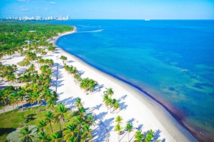 Key Biscayne beach backdropped by Miami skyline