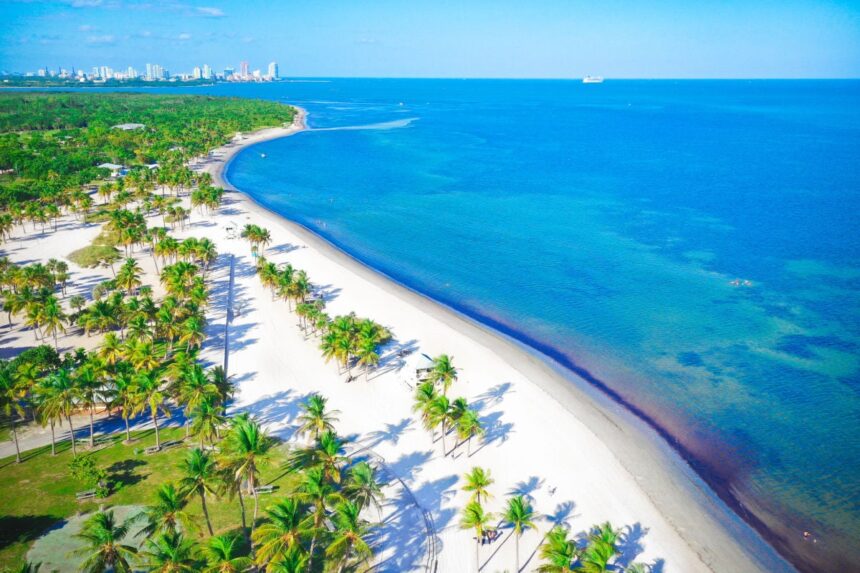 Key Biscayne beach backdropped by Miami skyline