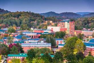 Boone, NC townscape surrounded by lush vegetation