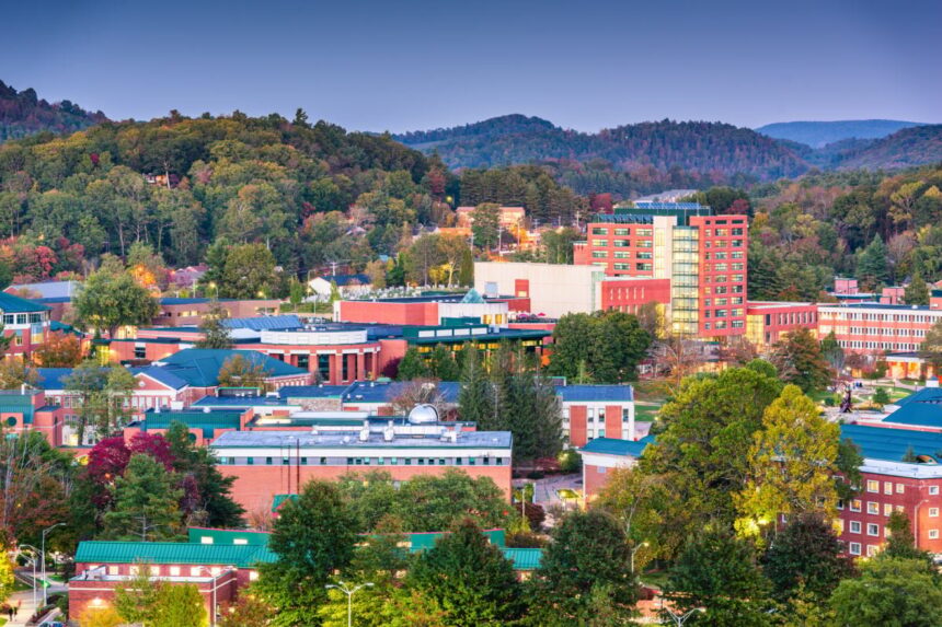 Boone, NC townscape surrounded by lush vegetation