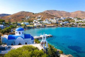 Blue Dome Church On The Oceanfront In Syros, Greece