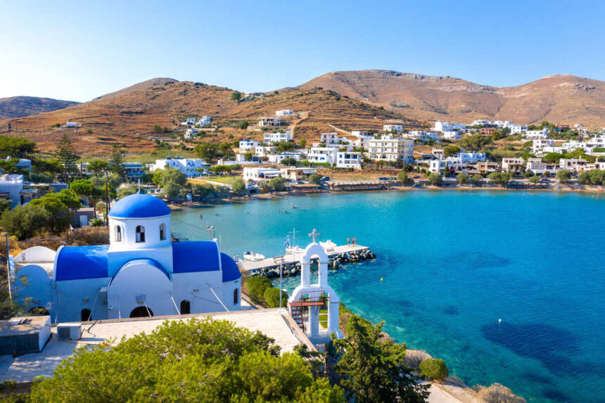 Blue Dome Church On The Oceanfront In Syros, Greece