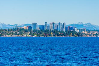 A view of the Bellevue skyline acroos Lake Washington.