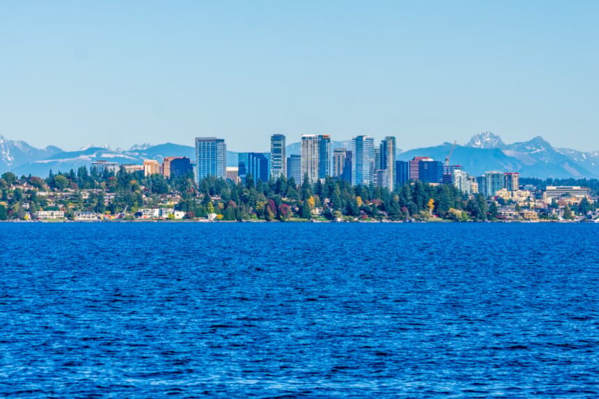 A view of the Bellevue skyline acroos Lake Washington.