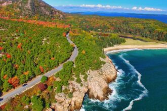 Lush forestry and blue water coastline of Acadia National Park