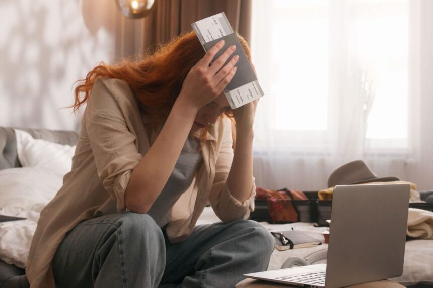 oung Traveler Looking Confused As She Holds Her Passport, Using Her Computer