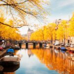 embankment of canal ring at spring, Amsterdam at fall, Netherlands