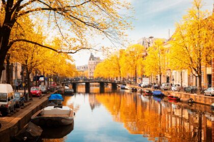 embankment of canal ring at spring, Amsterdam at fall, Netherlands