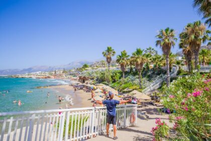 Beautiful panorama of the promenade and beach of Hersonissos, Greece
