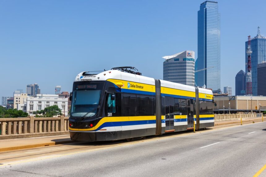 Dallas DART train passing skyline